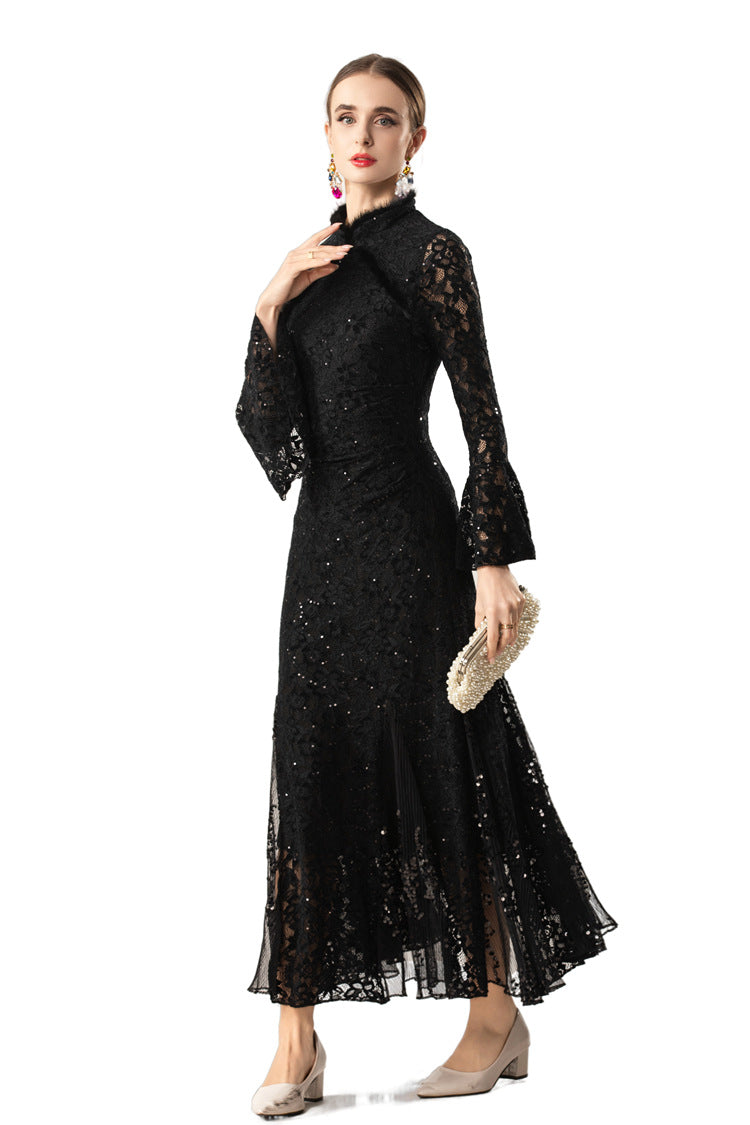 Furry Collar Sequin Lace Mermaid Maxi Dress SP10073