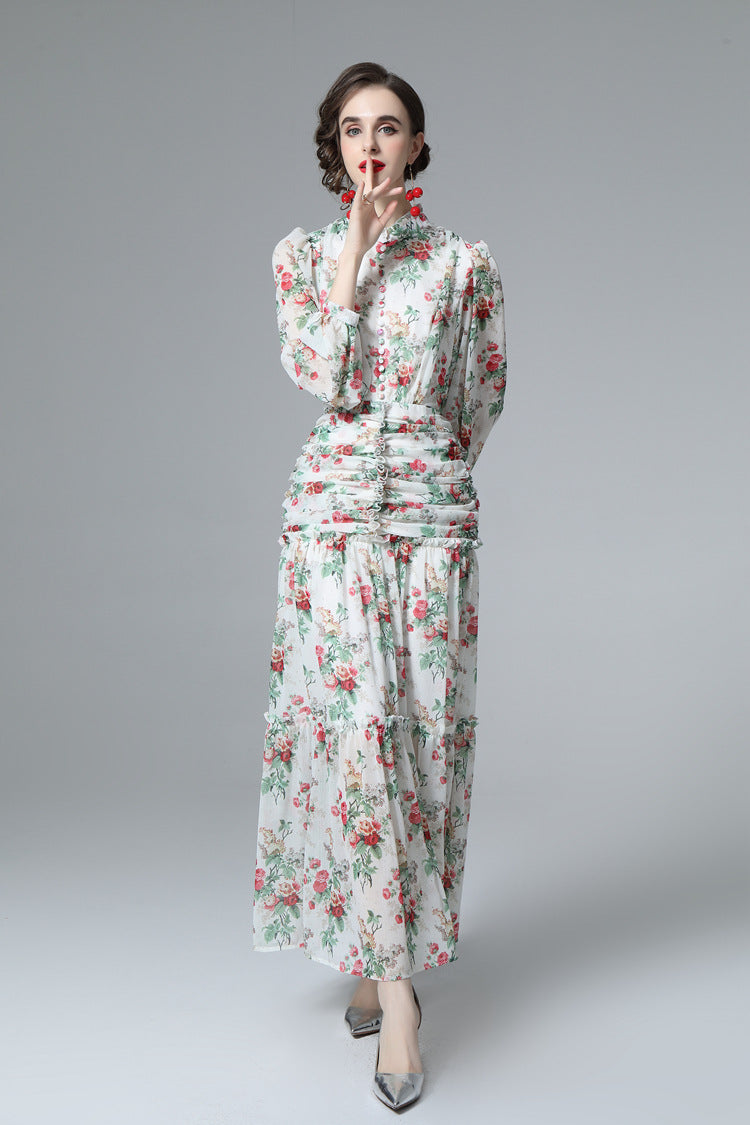 Floral Print Ruched Waist Tiered Chiffon Maxi Dress SP10032