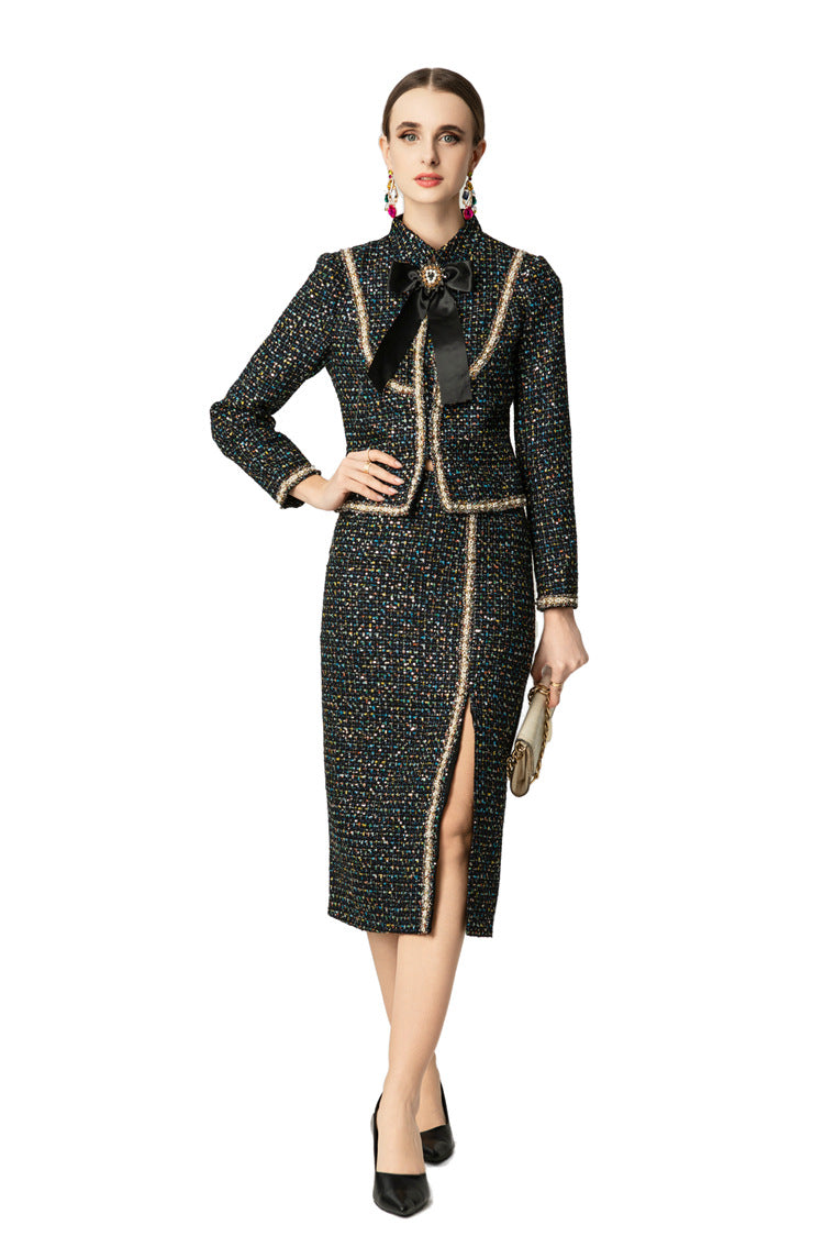 Tweed Bow Tie Jacket & Slit Pencil Skirt Two-Piece Set SP10044