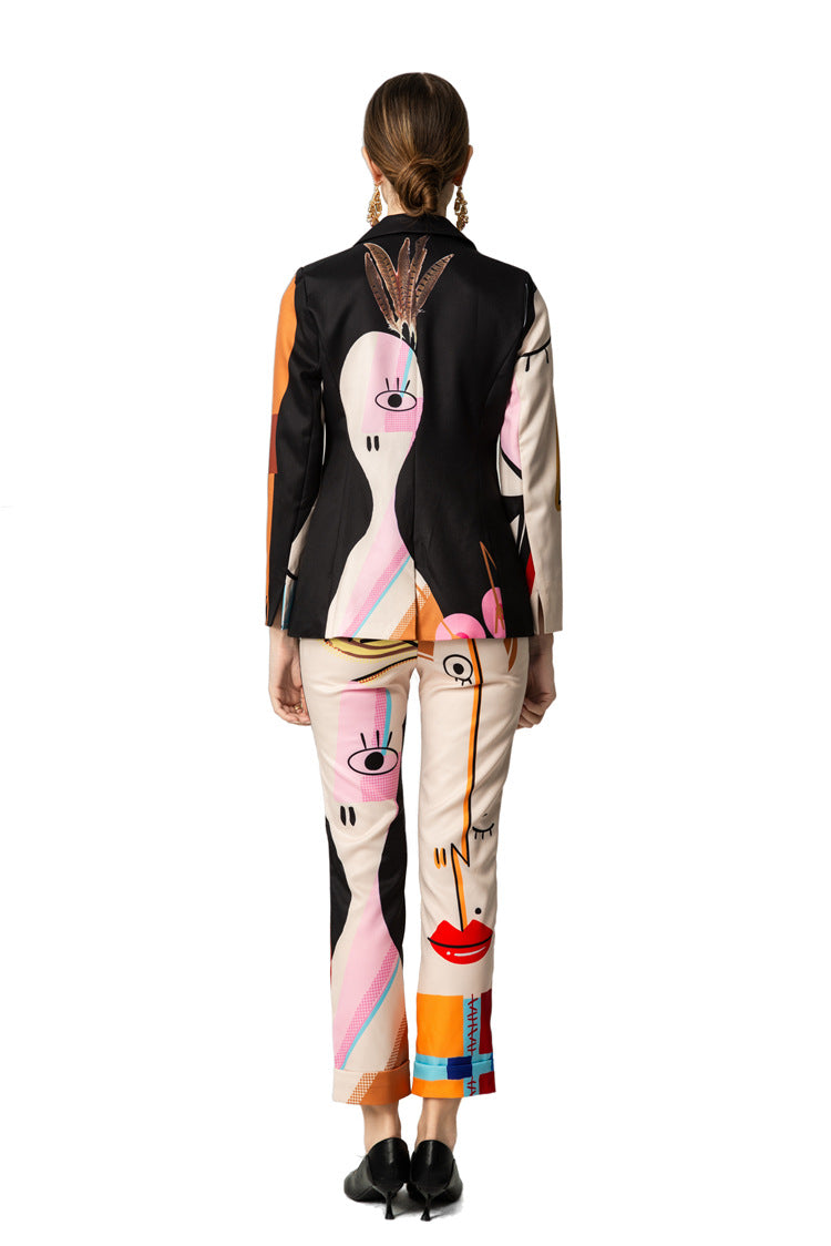 Abstract Face Print Blazer & Cropped Pants Two-Piece Set SP10052