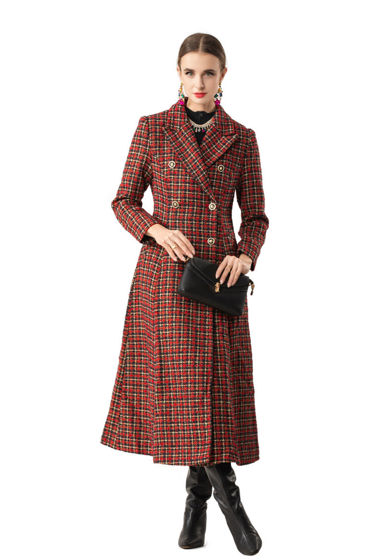 Red Plaid Tweed Double-Breasted Maxi Coat Dress SP10079