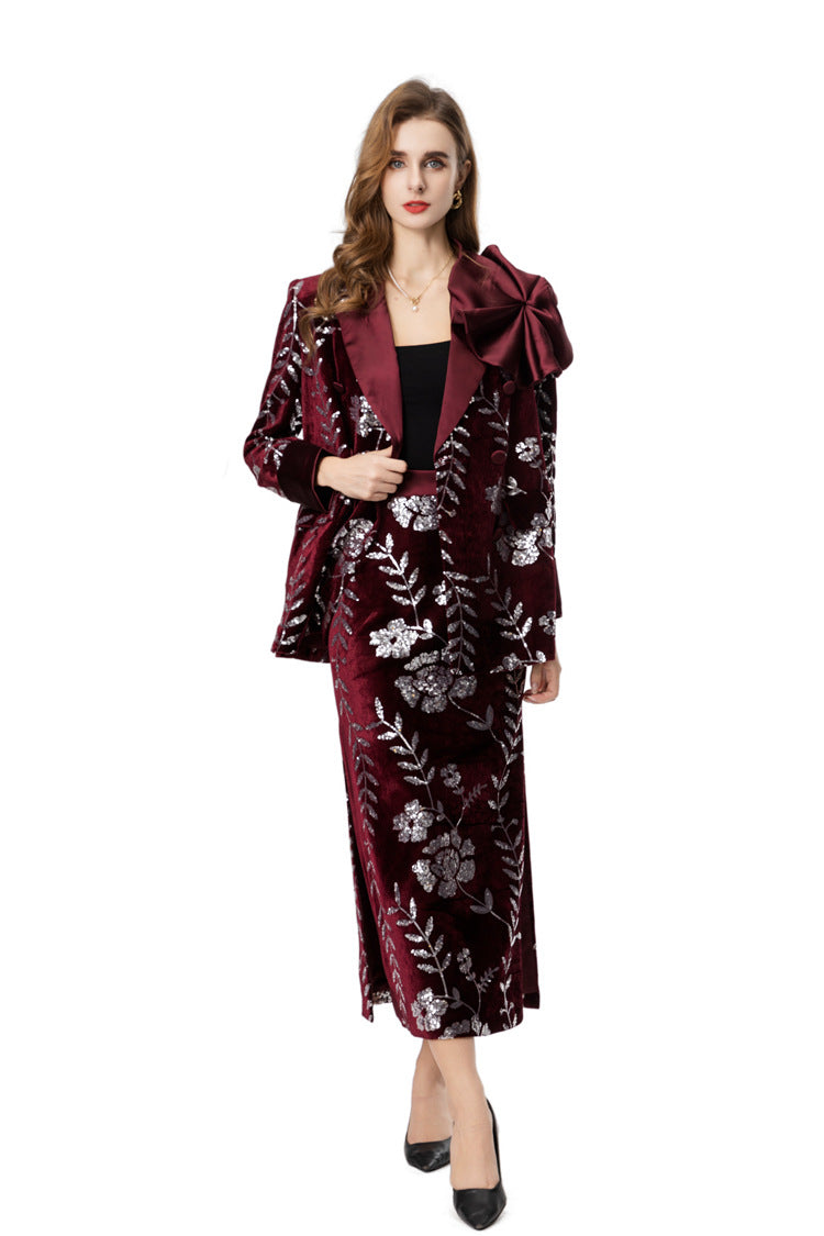 Burgundy Velvet Sequin Floral Blazer & Pencil Skirt Set SP10020