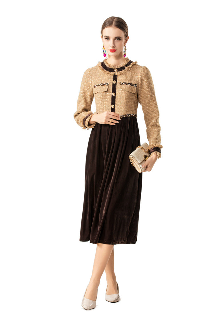 Frayed Collar Tweed Velvet Patchwork Midi Dress SP10072