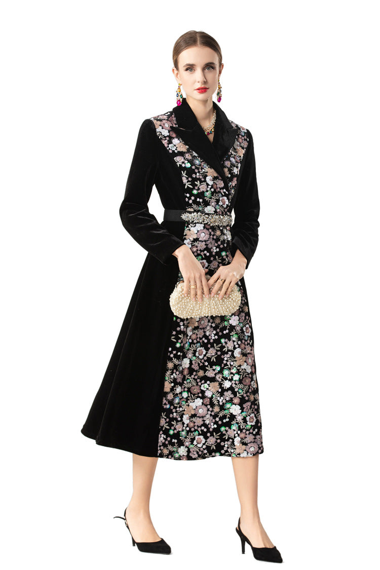 Velvet Floral Embroidered Notched Collar Midi Dress SP10069