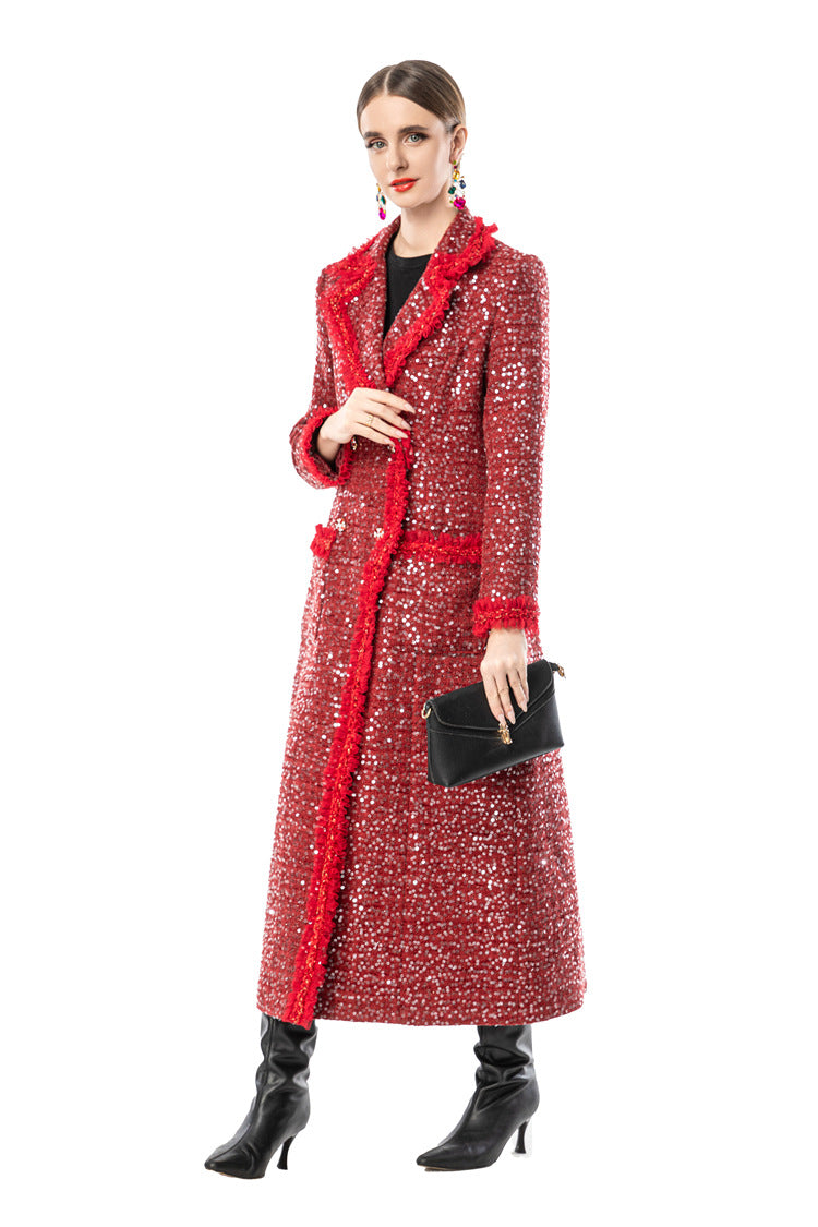 Red Sequin Fringe Trim Double-Breasted Maxi Coat SP10093