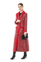 Red Sequin Fringe Trim Double-Breasted Maxi Coat SP10093