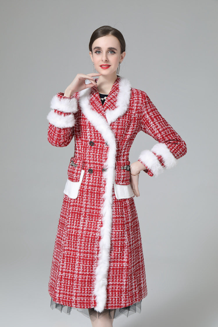 Plaid Tweed Faux Fur Trim Double Breasted Midi Coat SP10033
