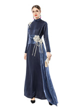 Navy Blue Satin High Neck Evening Gown with Beaded Floral Tassels SP10104