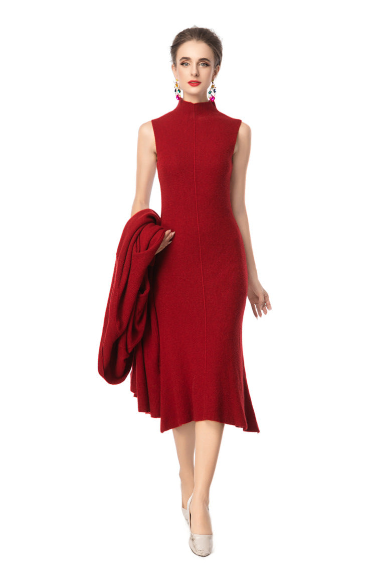 Turtleneck Dress & Long Knit Cardigan Two-Piece Set SP10097