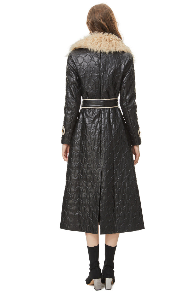 Black Quilted Faux Leather Contrast Trim Maxi Trench Coat SP10030