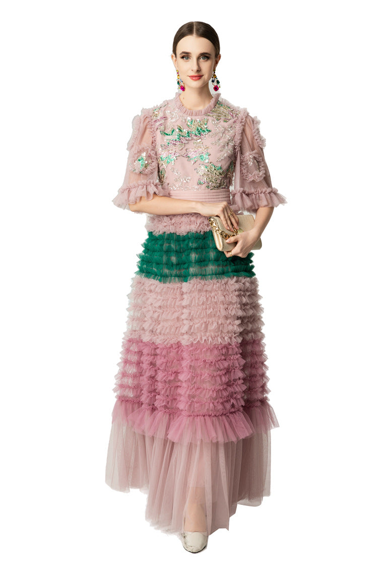 Pink Green Floral Embroidery Tiered Tulle Maxi Dress SP10049