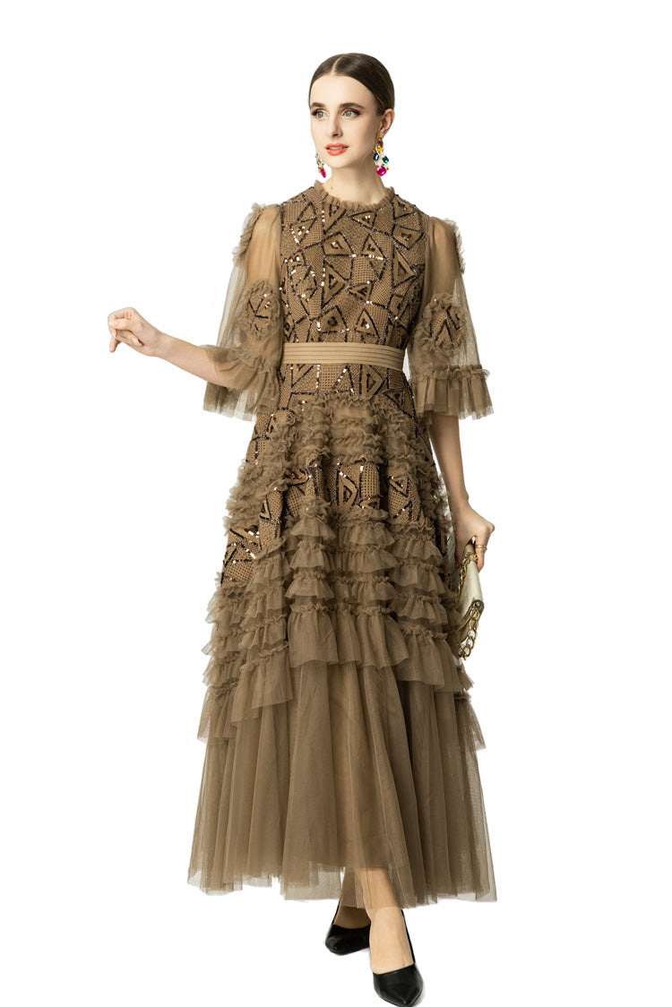 Taupe Geometric Sequin Tiered Tulle Maxi Dress SP10040