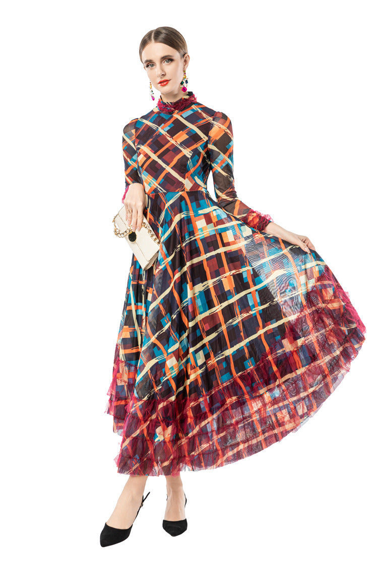 Ruffled Neck Plaid Print Tiered Tulle Maxi Dress SP10091