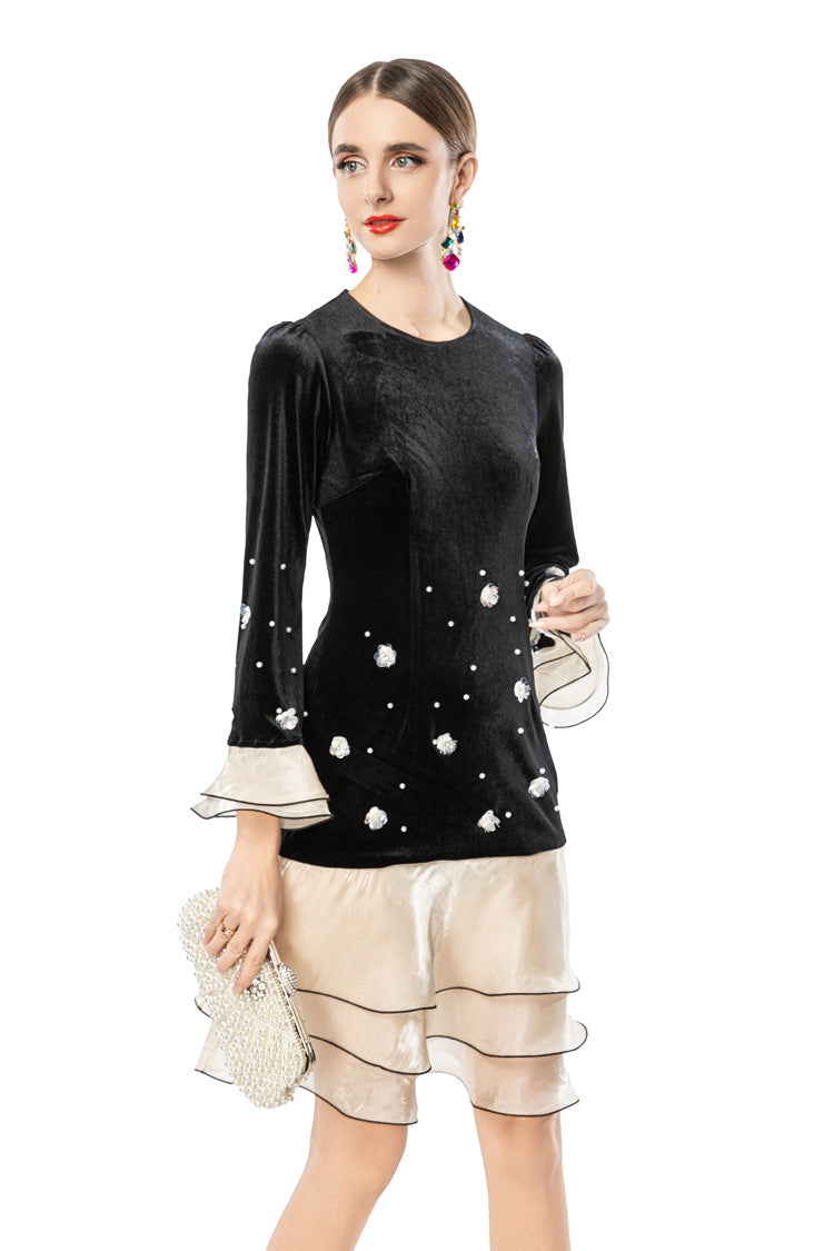 Women's French Style Velvet Dress, Round Neck Pearl & Flower Embellished Top with Satin Layered Ruffle Hem, Long Sleeve Cocktail Party Dress SP10102