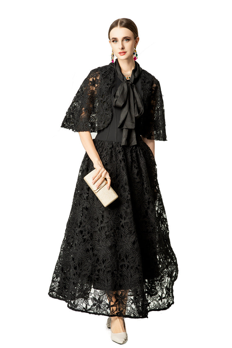 Satin Lace Patchwork Bow Tie Flare Sleeve Maxi Dress SP10057