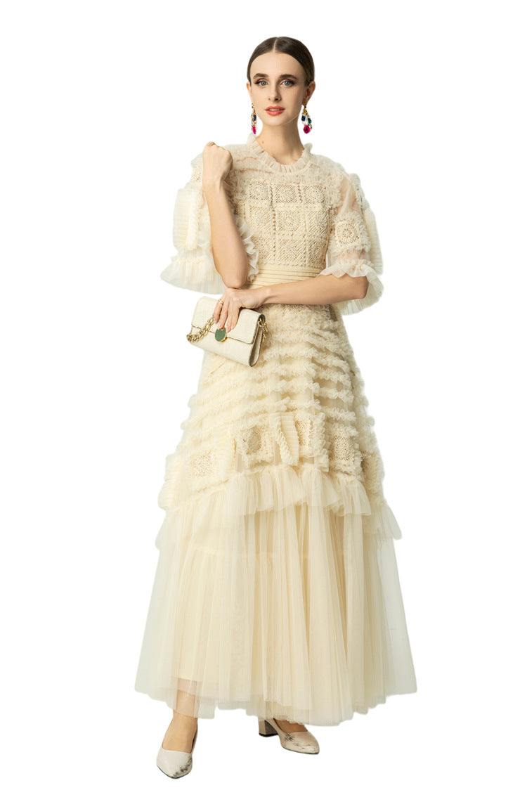 Cream Crochet Lace Tiered Tulle Cake Dress SP10056