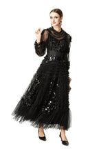 Black Sequin Ruffled Tiered Tulle Maxi Dress SP10062