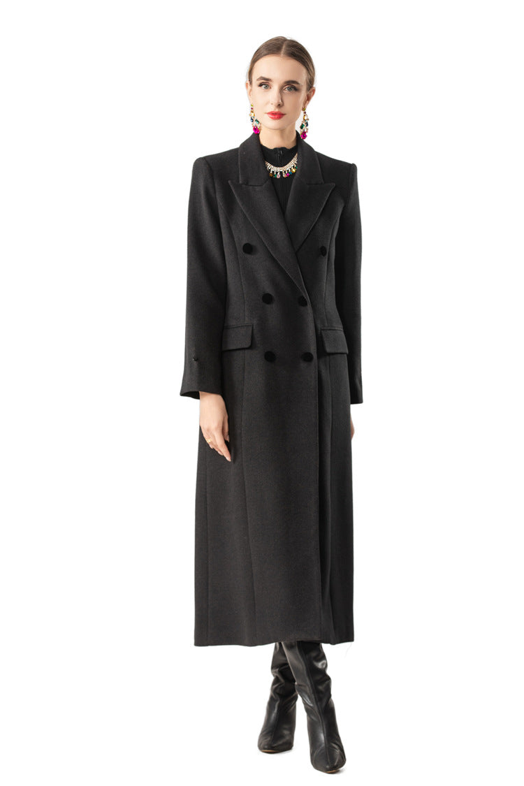 Fur Trim Double-Breasted Maxi Wool Coat Dress SP10078