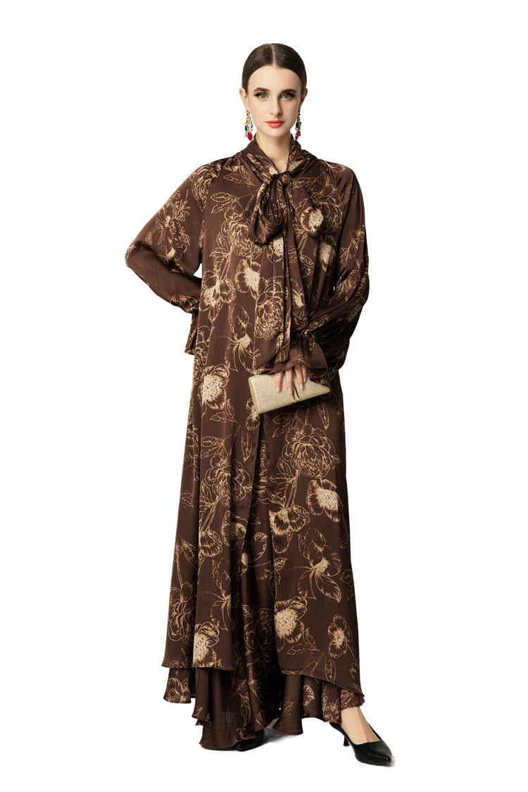 Brown Floral Print Bow Tie Neck Loose Maxi Dress SP10041