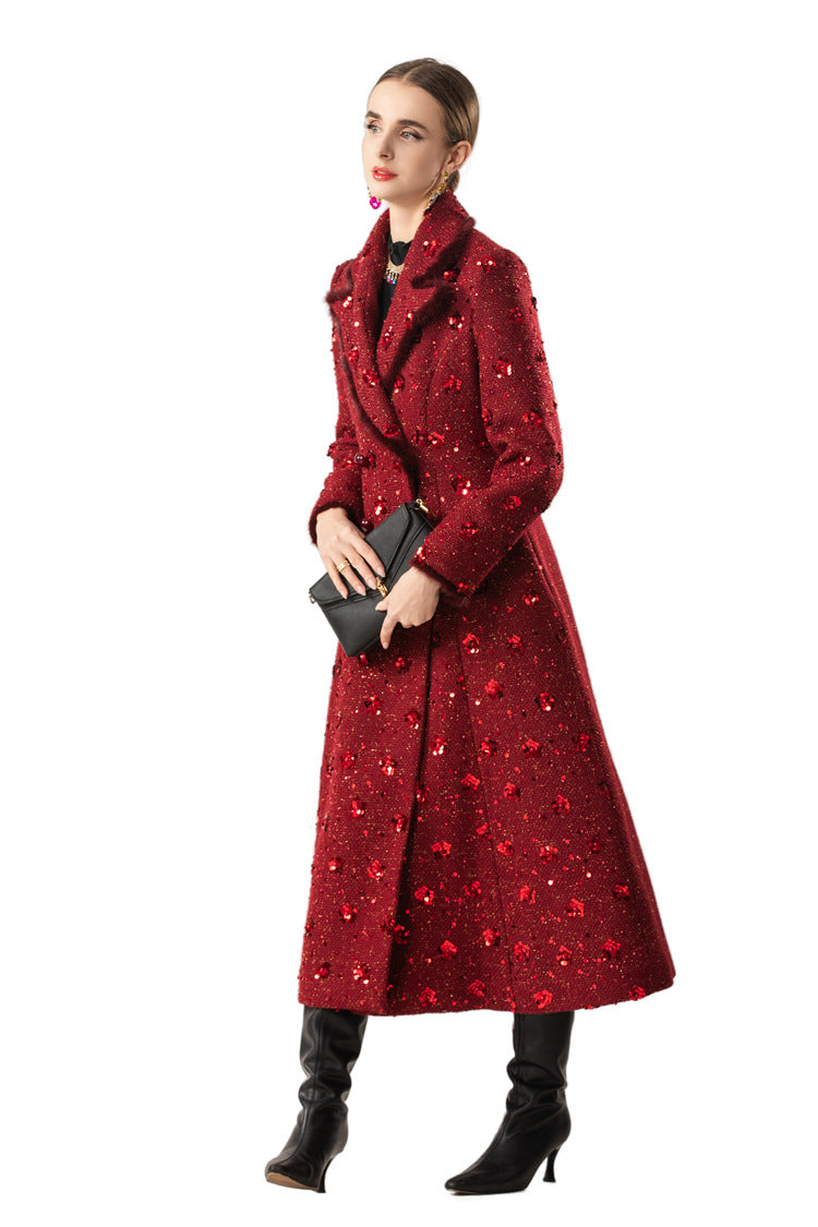 Red Sequin Double Breasted Maxi Coat – Luxury Winter Overcoat SP10017