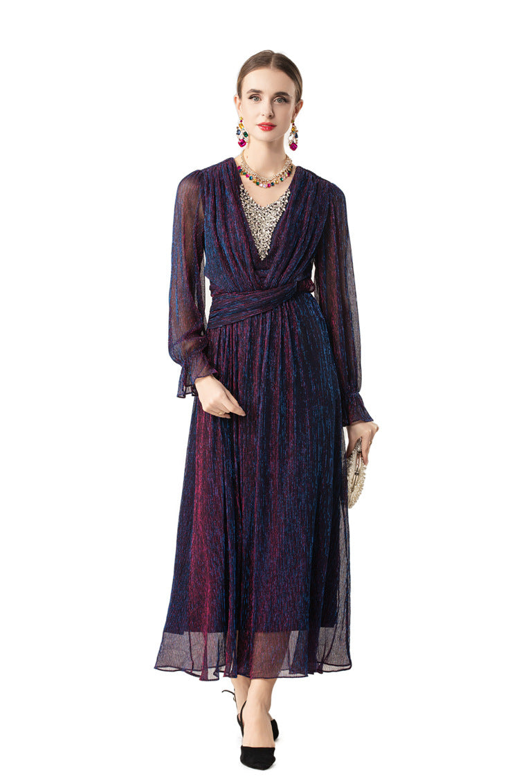 Iridescent Shimmer Beaded Ruched Waist Midi Dress SP10015