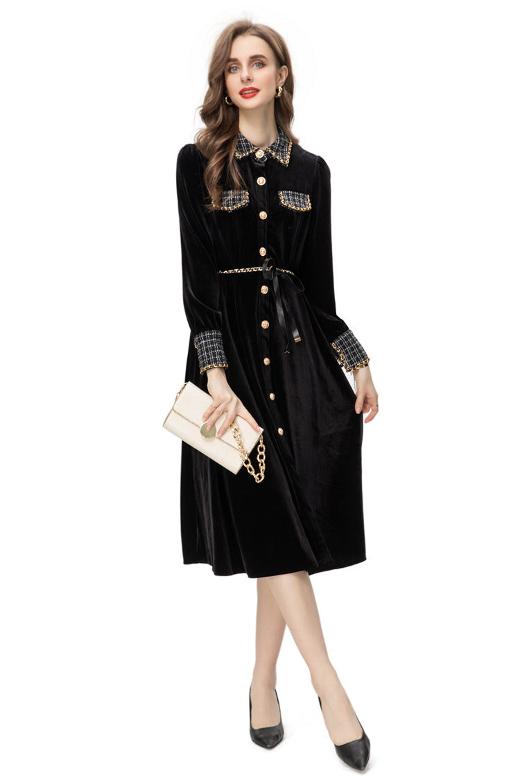 Black Velvet Tweed Trim Midi Dress – French Style Slim Fit Fall Dress
