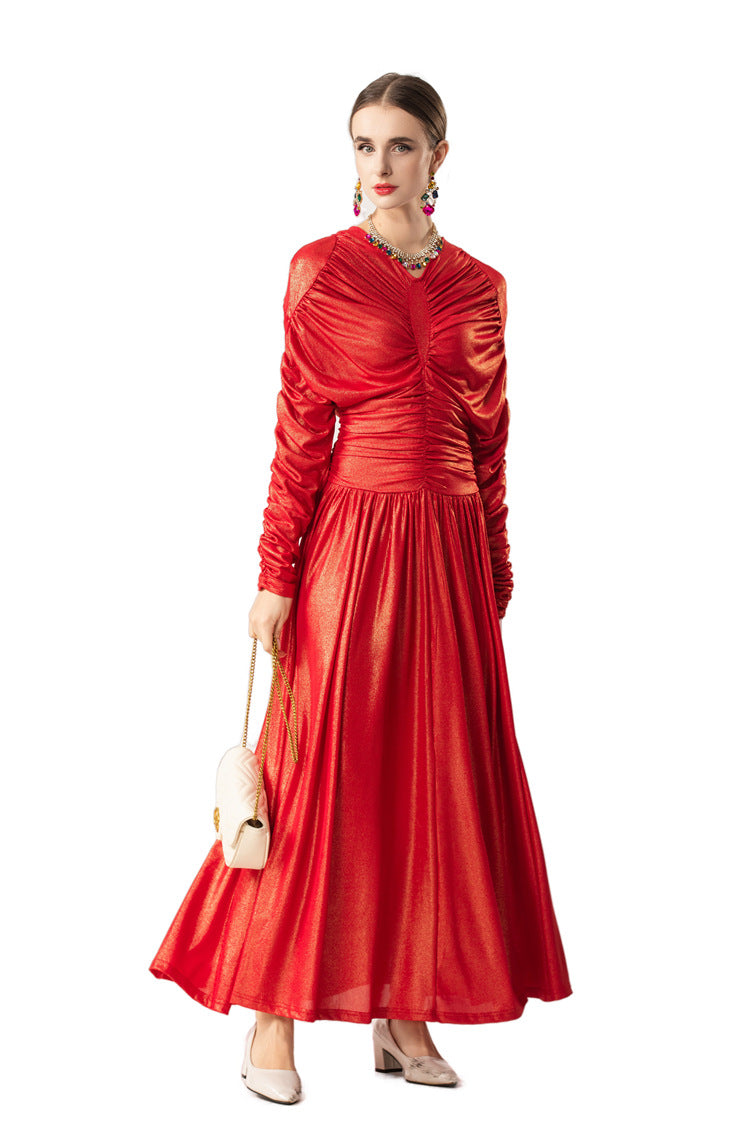 Metallic Ruched Waist Flared Maxi Dress SP10087