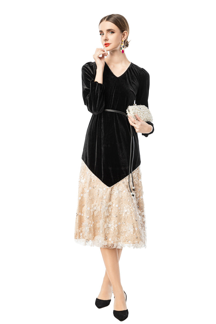Velvet V-Neck Lace Patchwork Midi Dress SP10090