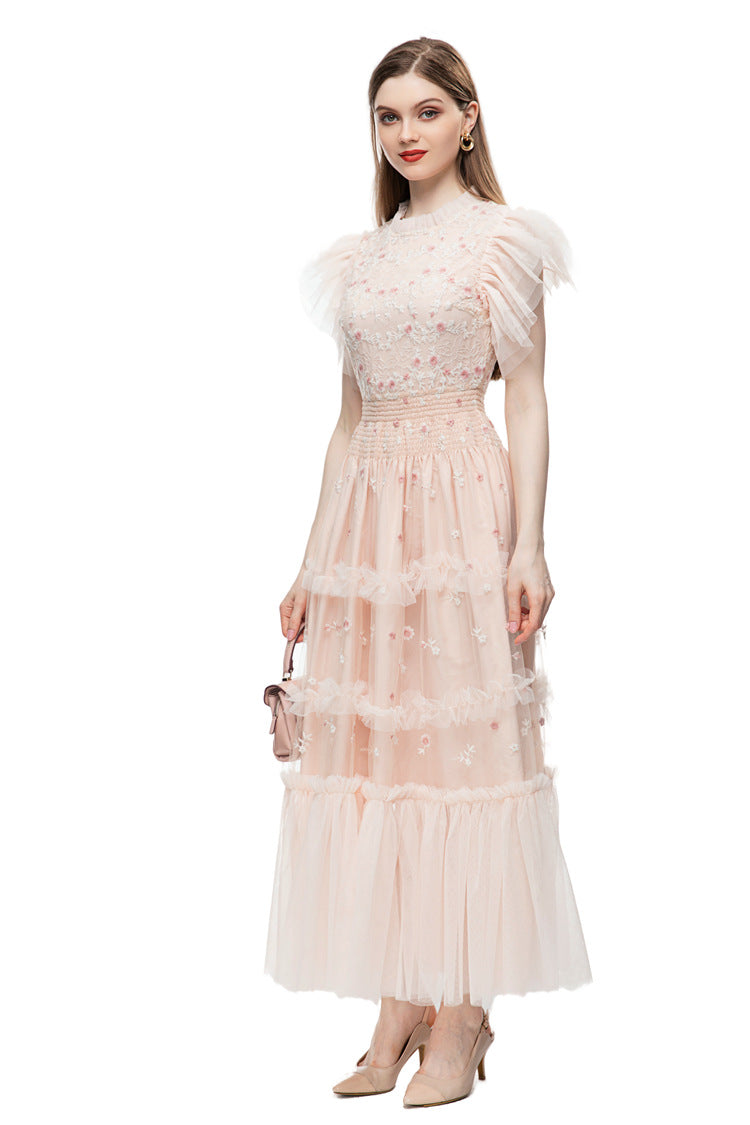 Pink Floral Embroidered Tulle Ruffled Sleeve Midi Dress – French Luxury SP10004