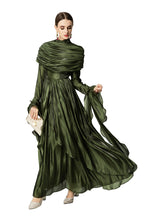 Olive Green Satin Draped Shawl Maxi Dress SP10053