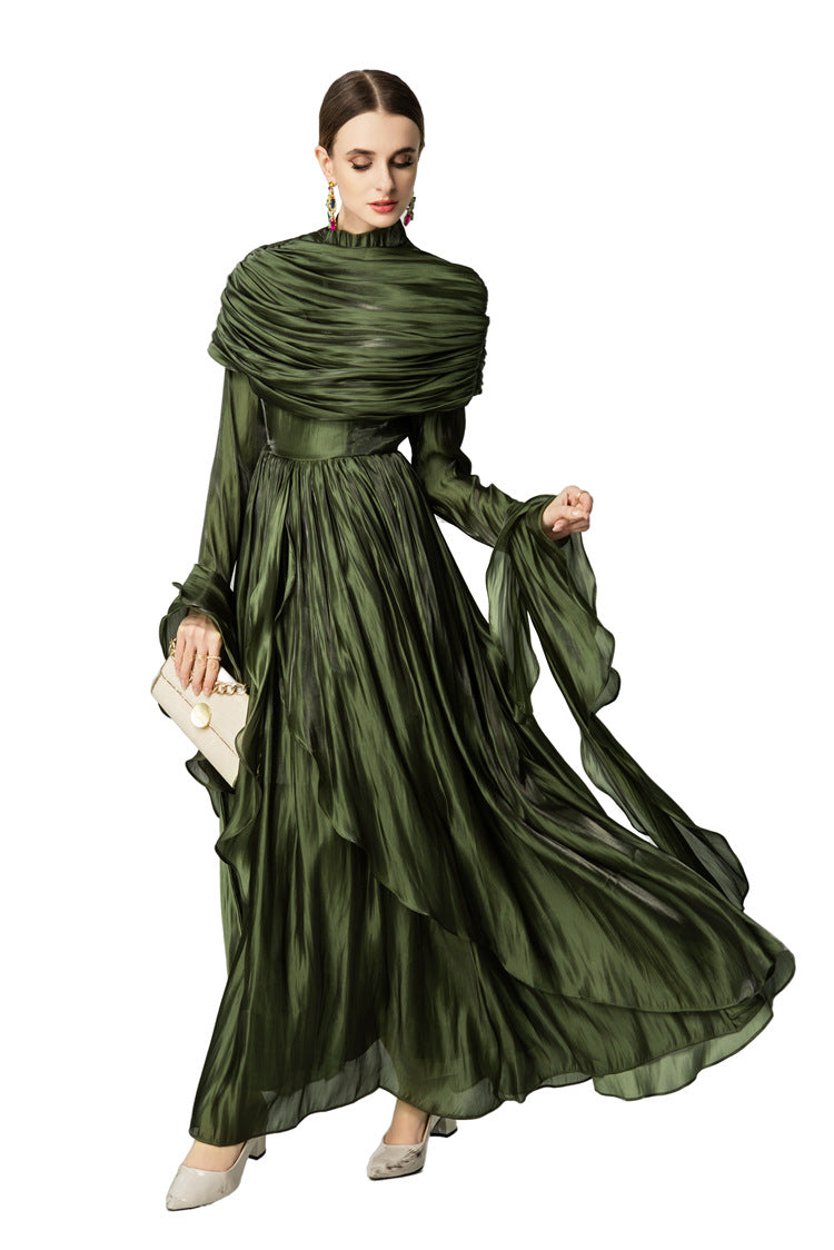 Olive Green Satin Draped Shawl Maxi Dress SP10053