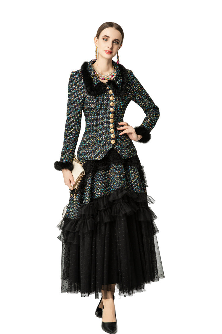 Tweed Faux Fur Trim Jacket & Tiered Tulle Skirt Two-Piece Set SP10051