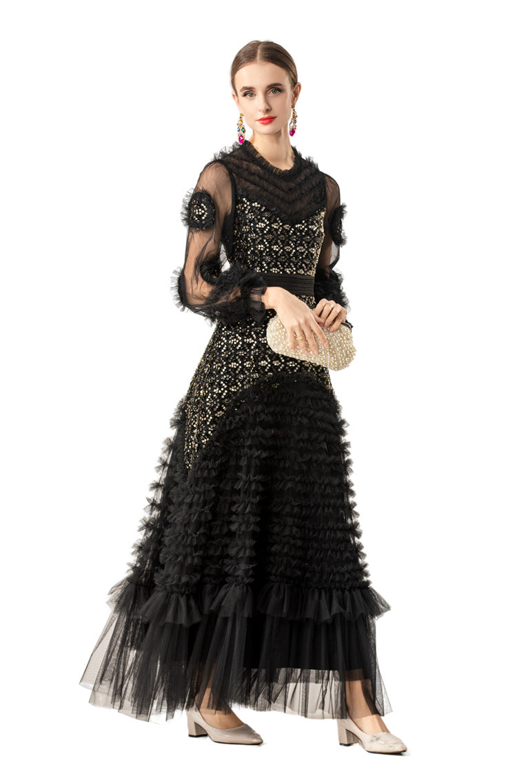 Sequin Embellished 3D Floral Tiered Tulle Maxi Dress SP10086