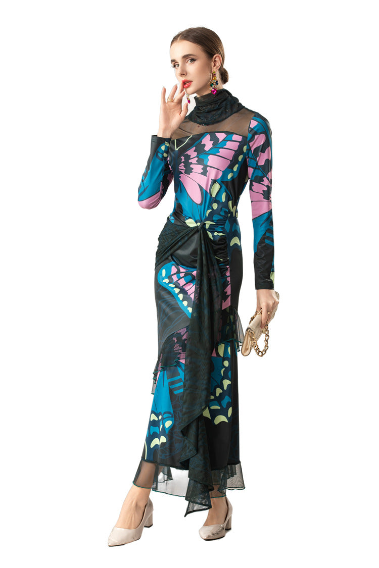 High Neck Butterfly Print Layered Tulle Midi Dress SP10080