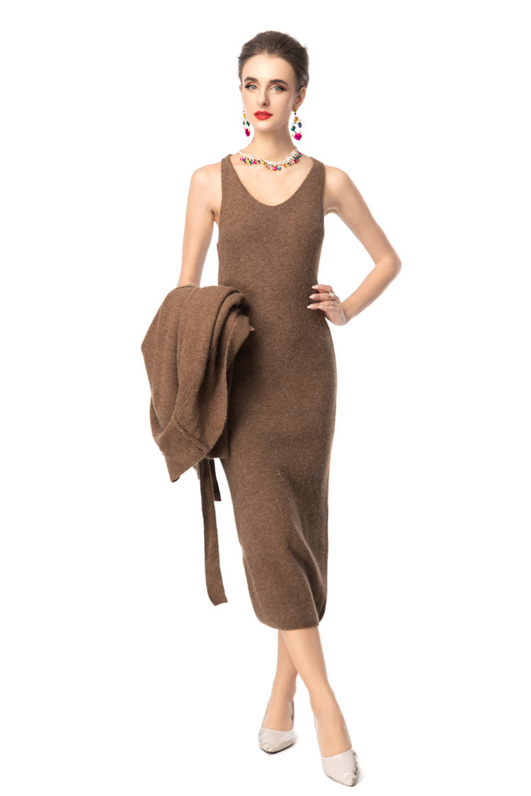 V-Neck Knit Dress & Tie-Waist Cardigan Two-Piece Set SP10098
