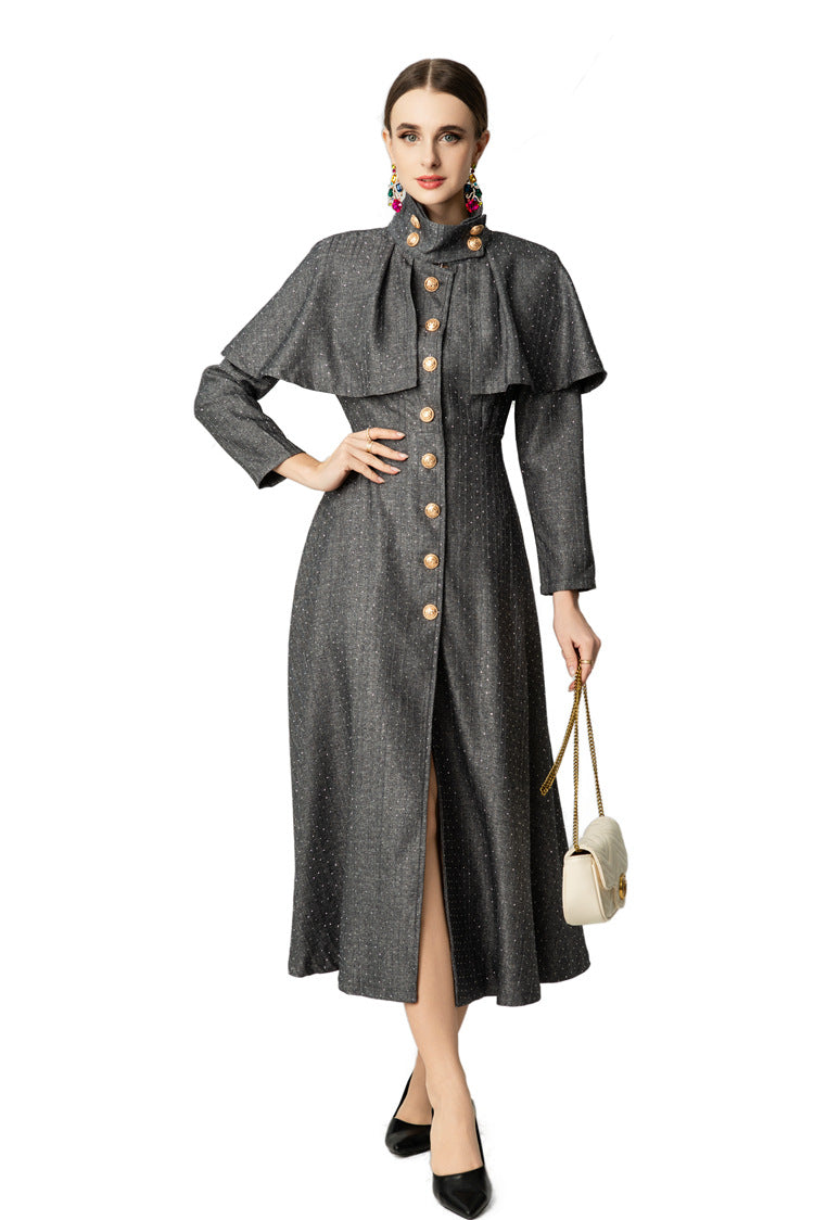 High Collar Cape Overlay Gold Button Front Slit Maxi Dress SP10060