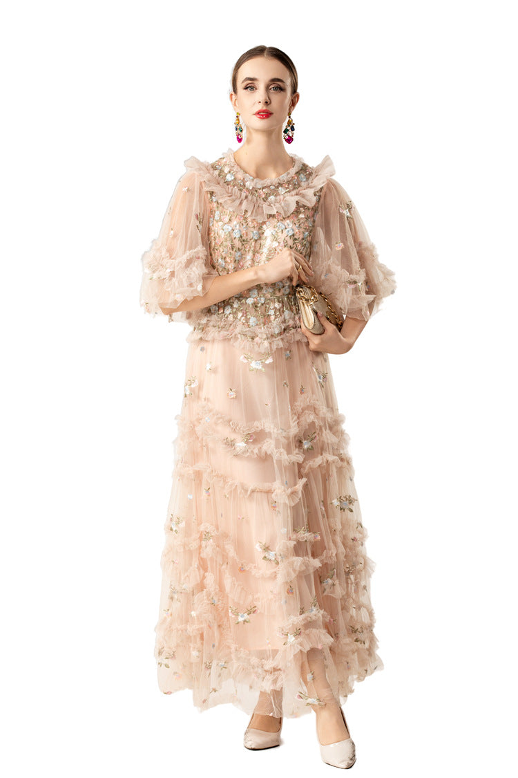 Ruffled Neck 3D Floral Tiered Tulle Maxi Dress SP10077