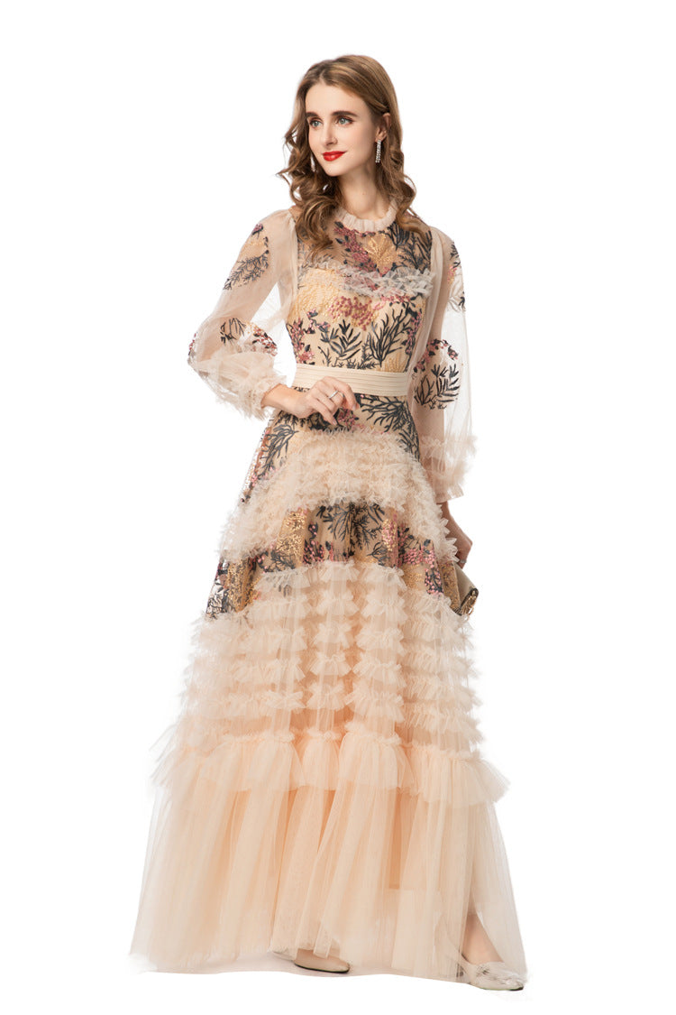 Nude Floral Embroidered Tiered Tulle Maxi Dress SP10008