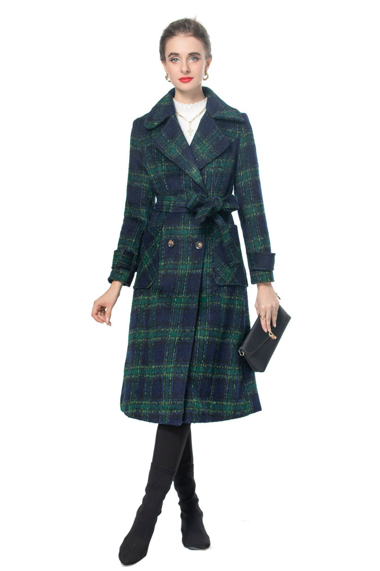 British Style Plaid Wool Blend Long Coat with Belt – Vintage Luxury Overcoat SP10003