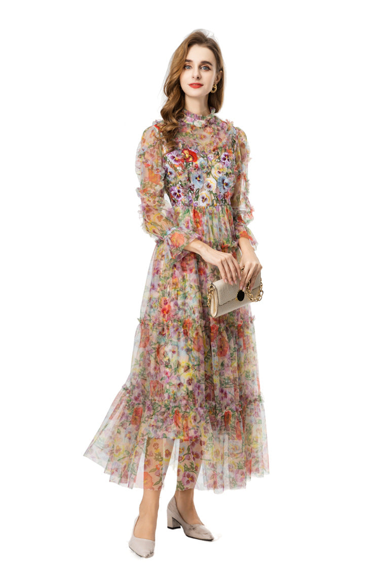 Colorful Floral Embroidered Tiered Tulle Midi Dress SP10019