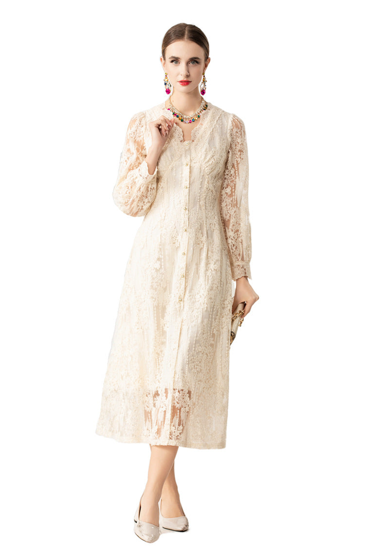 Scalloped V-Neck Lace Embroidered Midi Dress with Lining SP10071