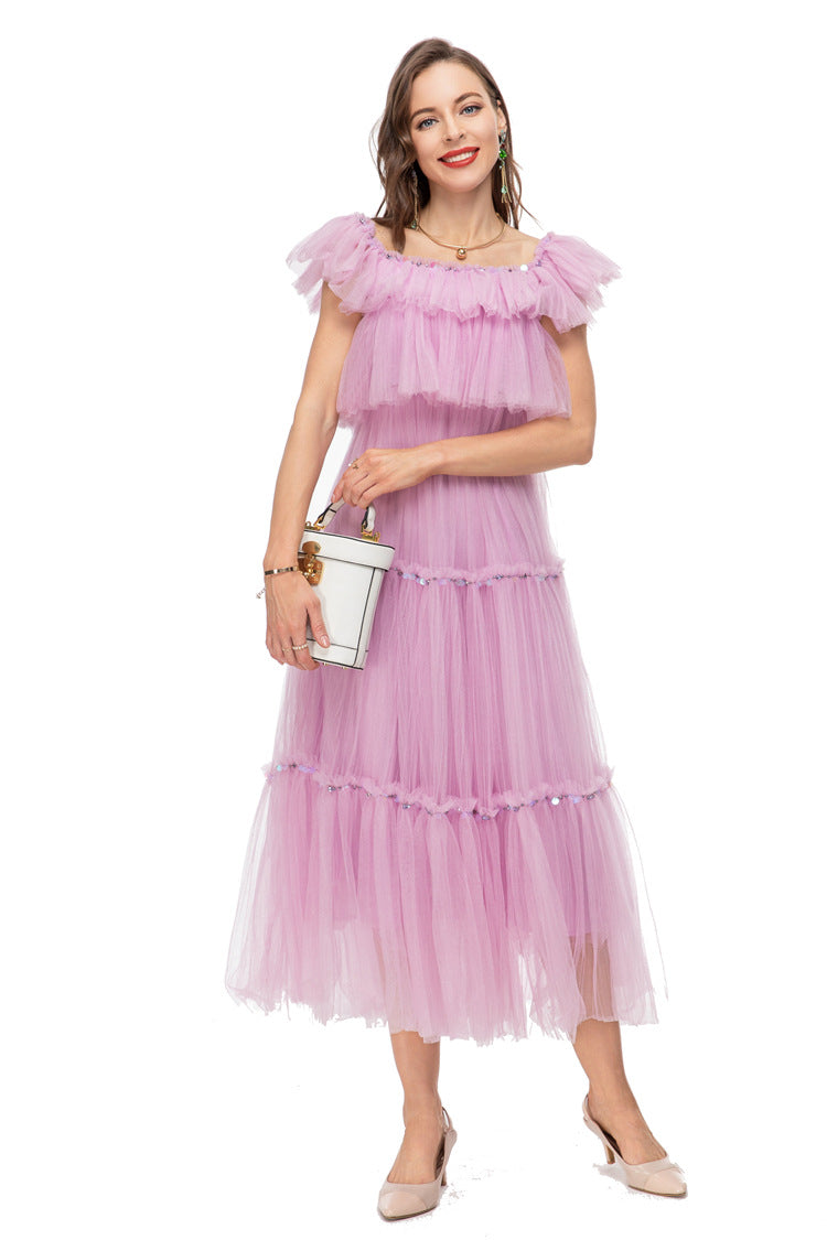 Lavender Tulle Off Shoulder Tiered Midi Dress – Fairy Party Gown SP10014