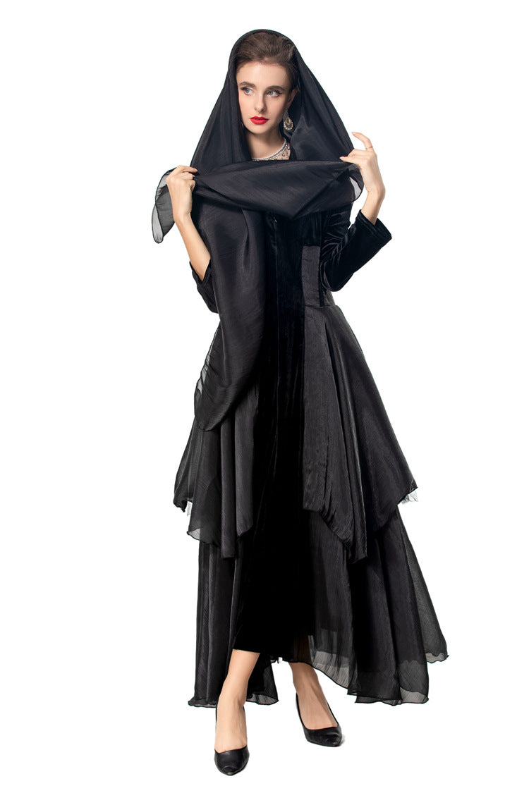 Black Velvet Layered Organza Maxi Dress – French Elegant Evening Gown SP10009