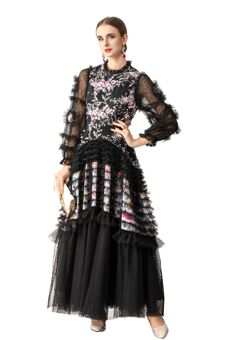 Ruffled High Neck 3D Floral Tiered Tulle Maxi Dress SP10083