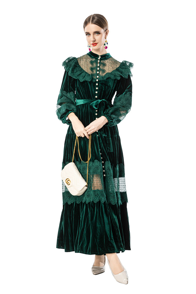 Women's Vintage Court Style Velvet Maxi Dress, Ruffle Lace Hollow Out Patchwork Long Sleeve Pearl Button Formal Evening Gown SP10103