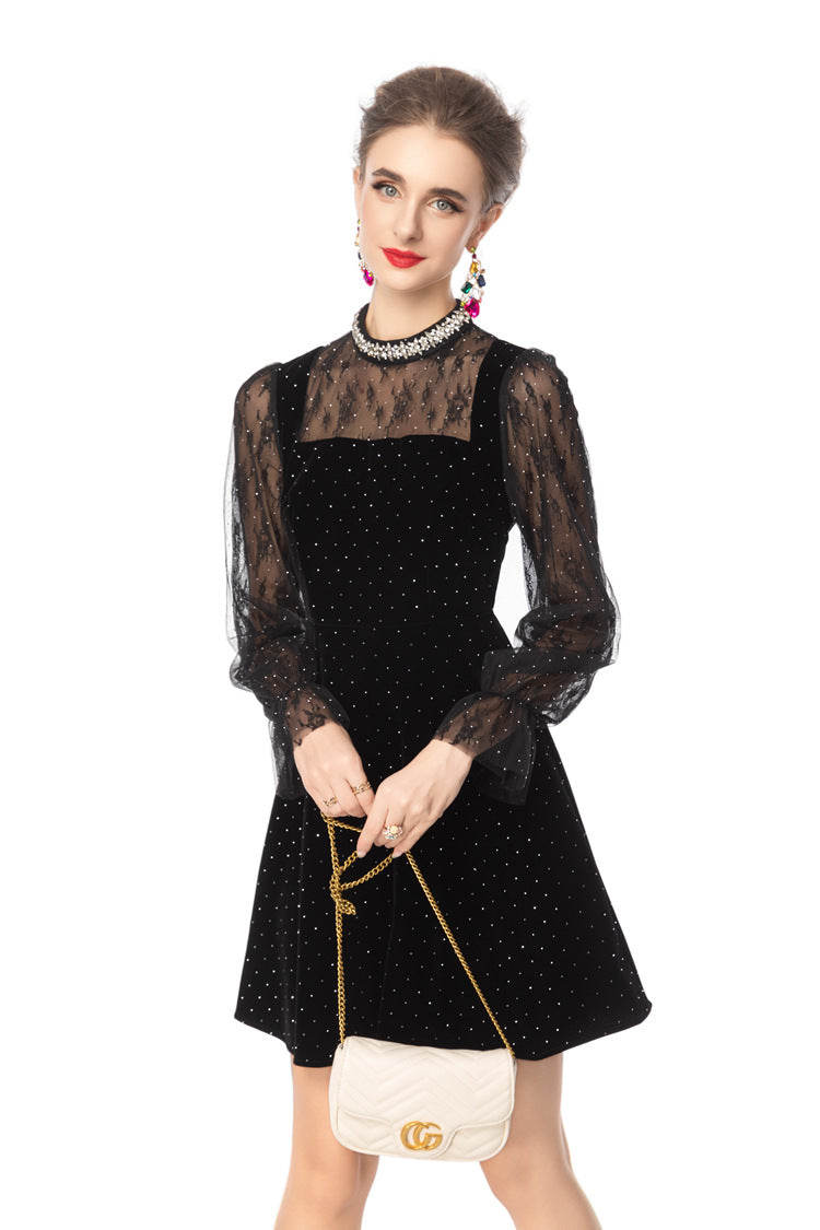 Black Velvet Mini Dress with Rhinestone Collar & Sheer Mesh Polka Dot Sleeves SP10110