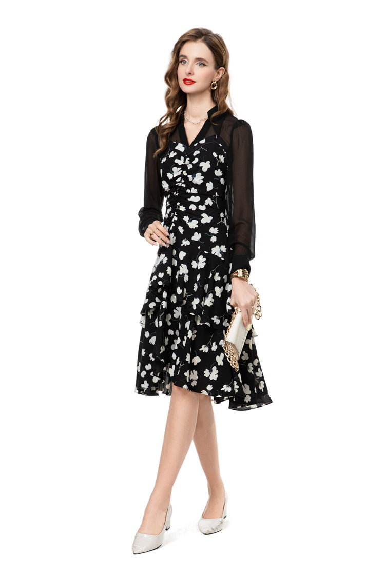 Black Floral Chiffon Sheer Sleeve Midi Dress SP10025