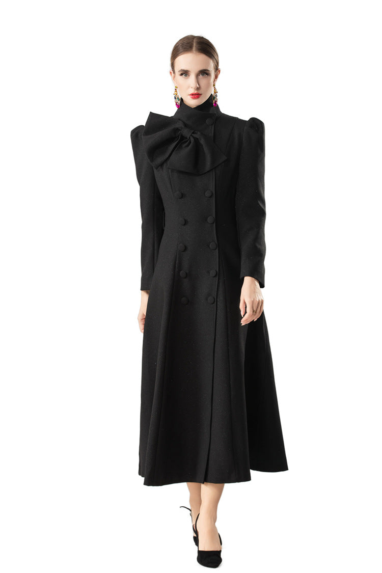Bow Neck Puff Sleeve Double-Breasted Maxi Coat Dress SP10089