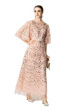 Pink Floral Bird Embroidered Tulle Flutter Sleeve Maxi Dress SP10035
