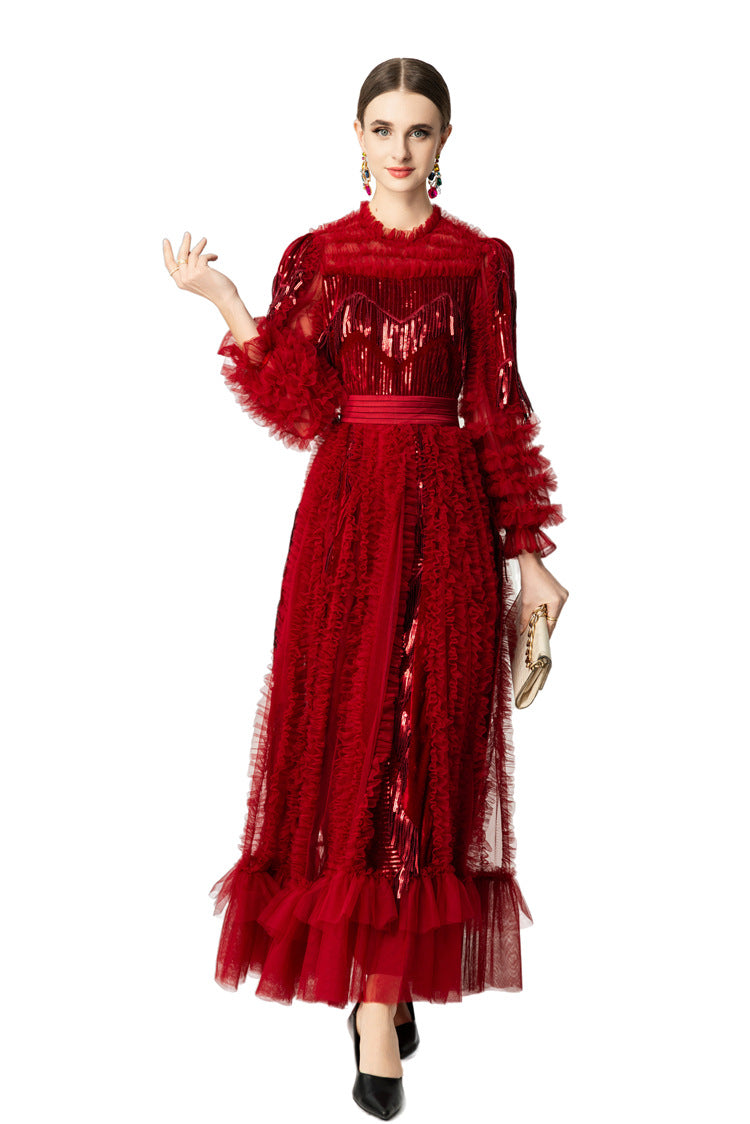 Red Fringe Sequin Tiered Tulle Maxi Dress SP10054